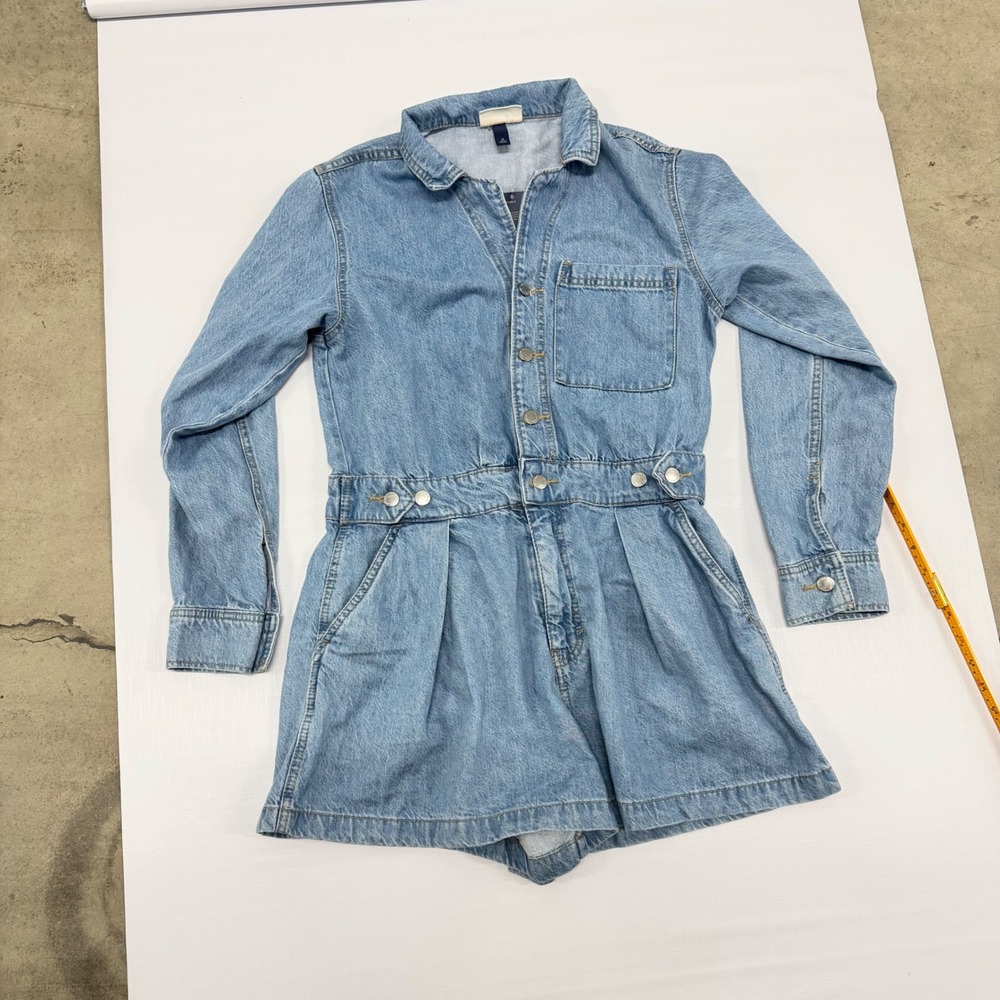 Universal Thread Denim Romper Medium Wash Button Front Long Sleeve Blue Size 10